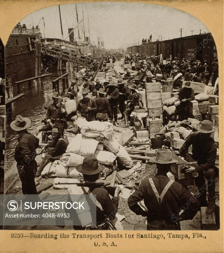 The Spanish American War. Boarding the transport boats for bound for Santiago, Cuba. Tampa, Florida, stereocard, 1898