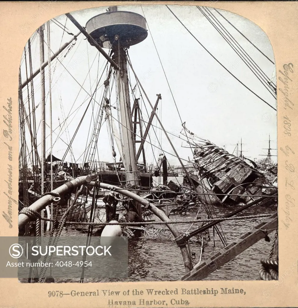 The Spanish American War. Wreck of the U.S.S. Maine in Havana Harbor, Cuba. Stereocard, 1898