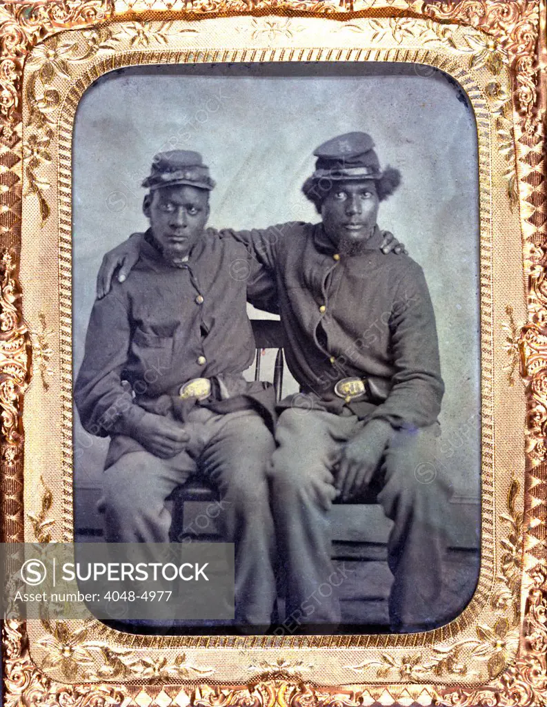 Two African American soldiers wearing Union uniforms. Tintype ca. 1860-1870