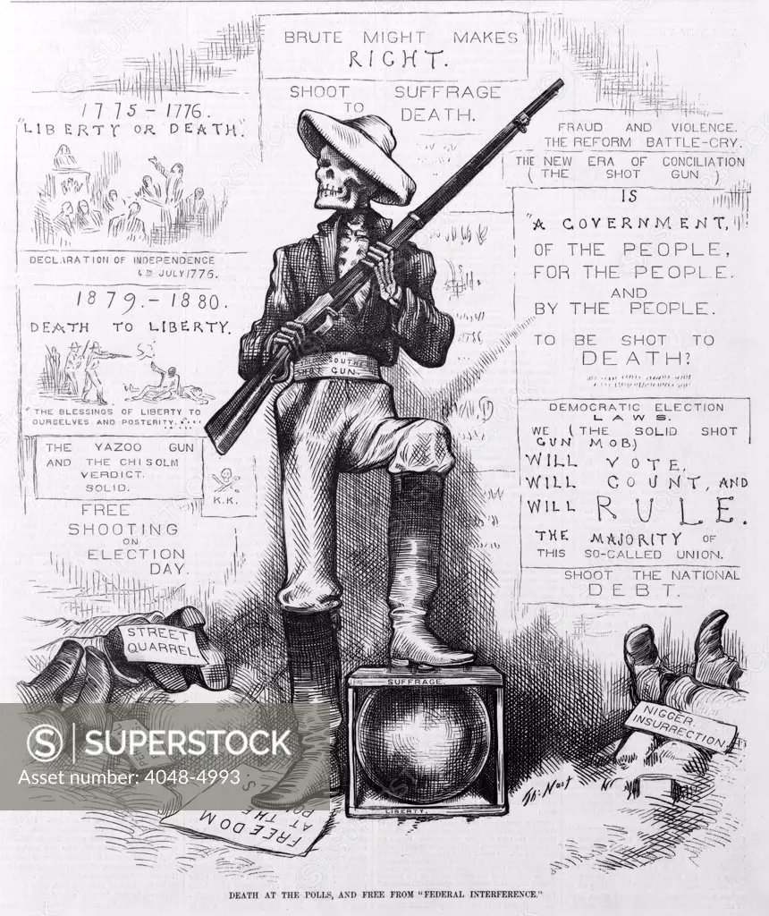 Death at the polls, and free from 'federal interference'. Skeleton 'solid Southern shot gun' holding shotgun at polls, to prevent African Americans from voting. Thomas Nast, artist. Woodcut, 1868