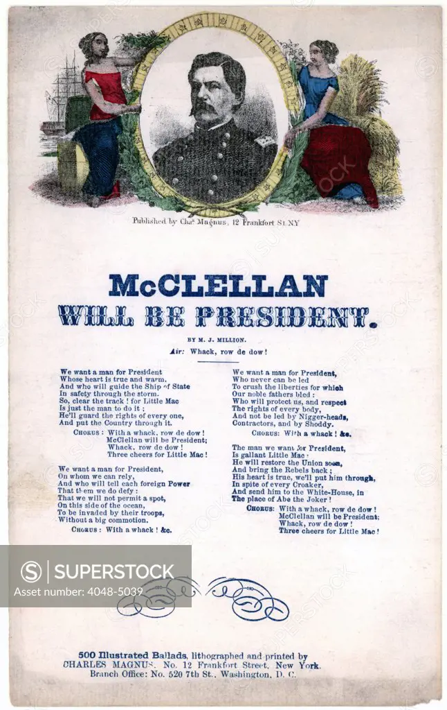 General George B. McClellan. 'McClellan will be president', woodcut portrait, sheet music ca. 1864.