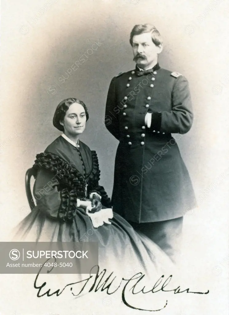 General George B. McClellan and his wife, Ellen Mary Marcy. Carte de visite signed by Gen. McClellan, 1862