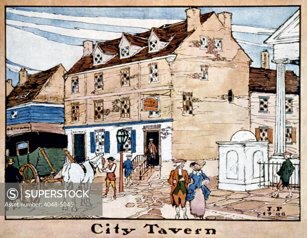 Philadelphia, colonial inn, the City Tavern, halftone print, Pennsylvania, circa 1908.