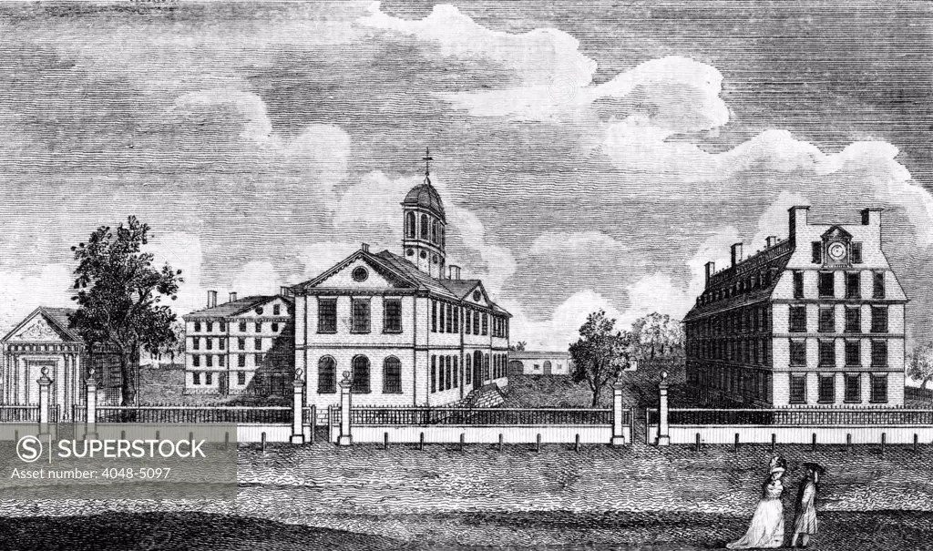 Harvard College, ca. 1767. From left are Holden Chapel, Hollis Hall, Harvard Hall, Stoughton Hall, and Massachusetts Hall. Engraved by Paul Revere from a drawing by Joseph Chadwick. etching, 1790.