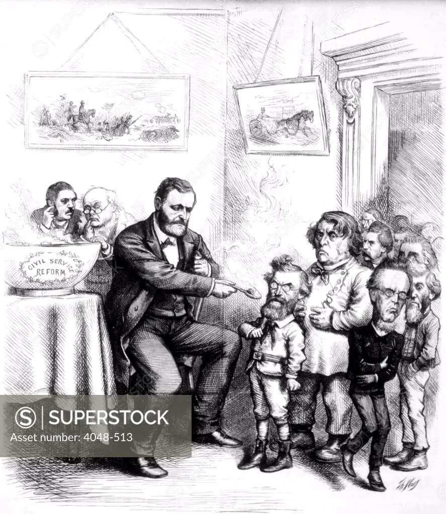 Thomas Nast political cartoon depicting President Ulysses S. Grant dispensing civil service reform to reluctant political leaders, from Harper's Weekly, 1872