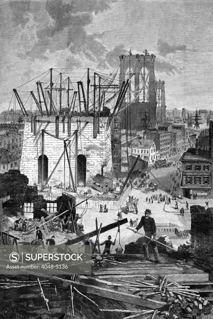Building the Brooklyn Bridge. Demolition of buildings for the New York approach of the Brooklyn Bridge, New York City 1877