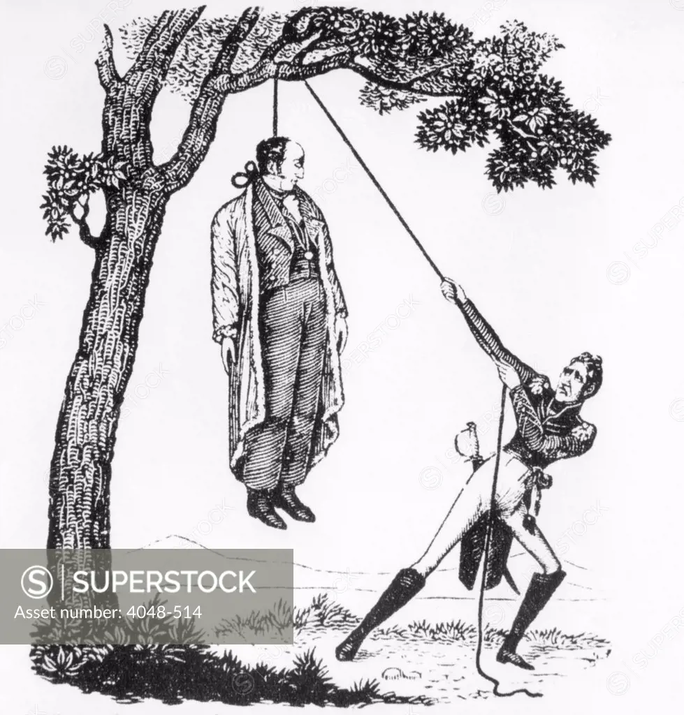 Political cartoon depicting President John Quincy Adams being hung by opposition candidate Andrew Jackson during the presidential campaign of 1828