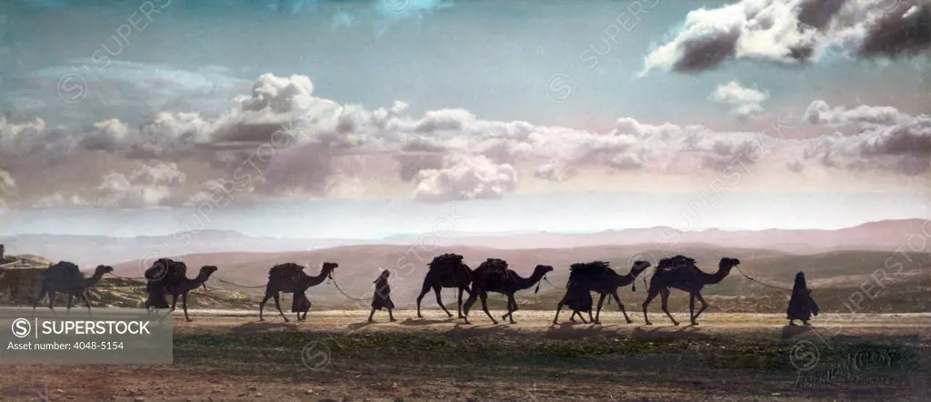 Camel caravan on Mount of Olives, British Mandate of Palestine. 1919