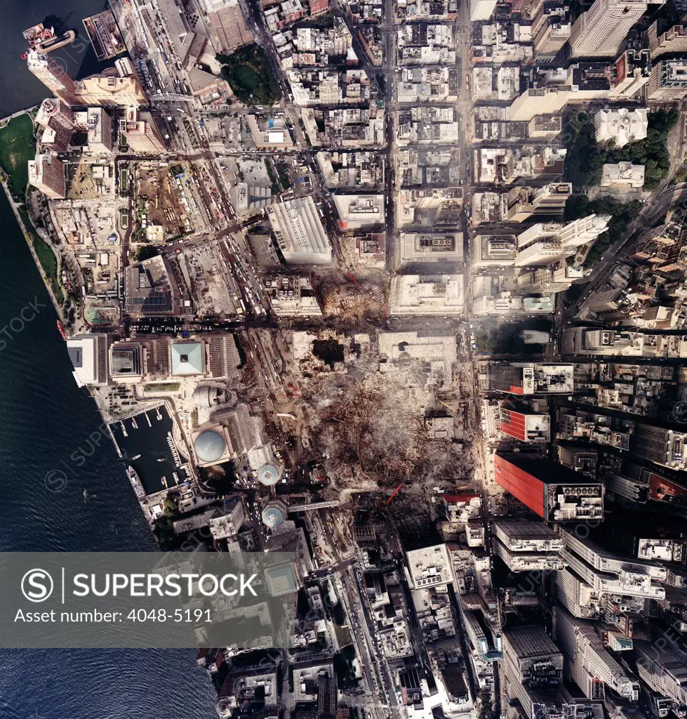 World Trade Center, Aerial photograph of the World Trade Center, taken by National Oceanic and Atmospheric Administration on September 23, 2001, from an altitude of 3,300 feet, showing the devastation and the ongoing recovery effort. September 23, 2001