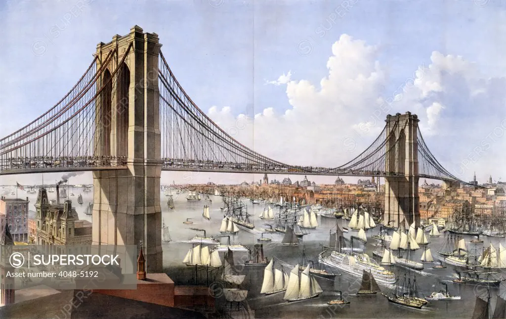 Brooklyn Bridge, The great East River suspension bridge- connecting the cities of New York and Brooklyn, published by Currier & Ives, 1886