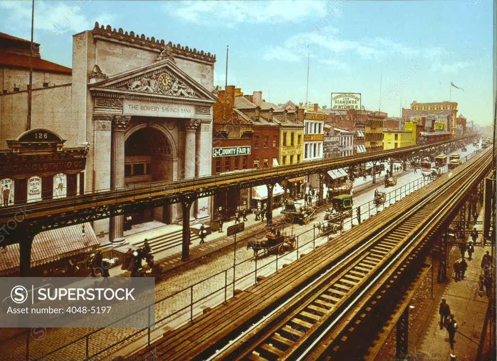 The Bowery, the Third Avenue elevated train, New York City, photochrom, circa 1900.