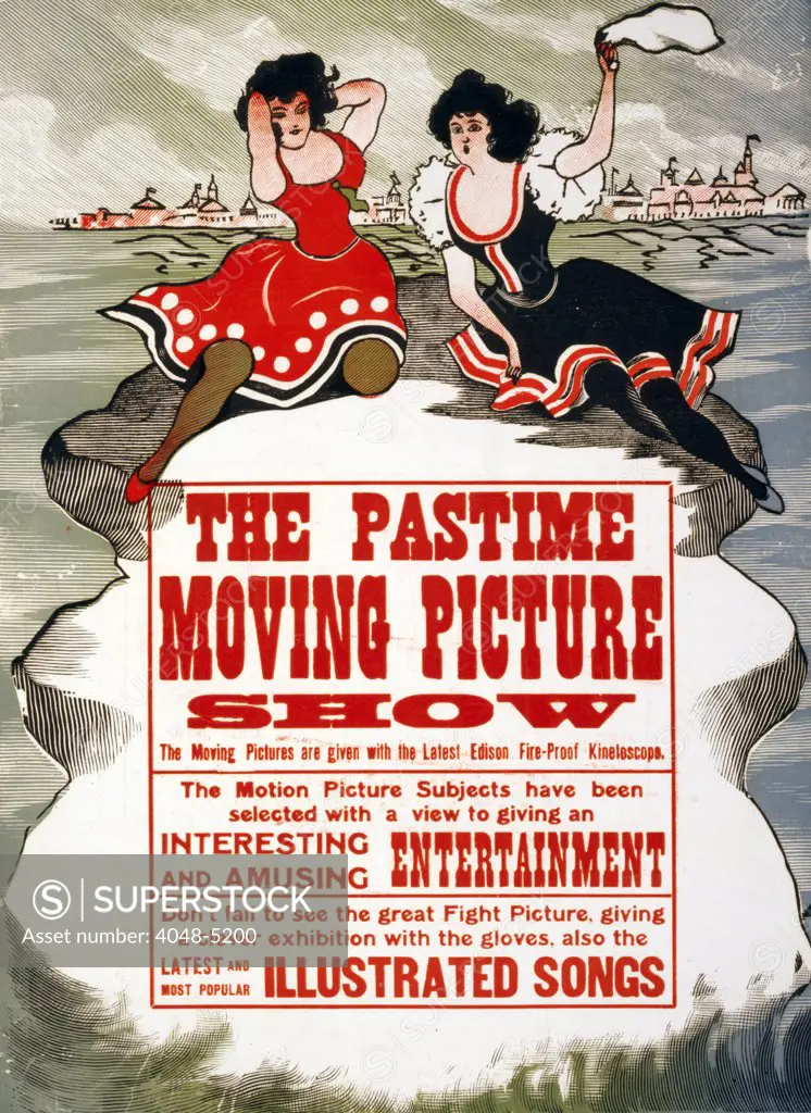 The Pastime Moving Picture Show, advertising for Thomas Edison's kinetoscope films, circa late 1800s.