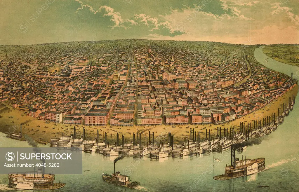 St. Louis, Missouri, as seen from above the Mississippi River.  1850s bird's eye view shows the active waterfront with steamboats. St. Louis was the entry point to the Western frontier.