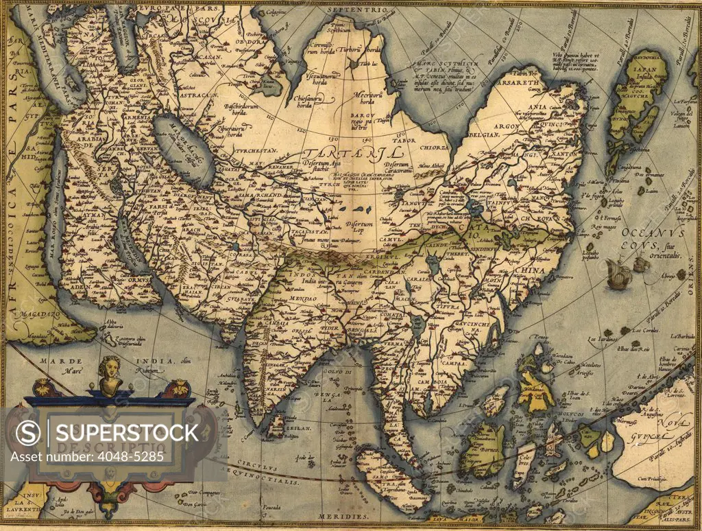 1570 map of Asia, from Abraham Ortelius' atlas, 'Theatrvm orbis terrarvm'(Epitome of the Theater of the Worlde).