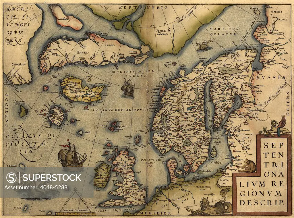 1570 map of Northwest Europe and The North Atlantic Ocean. From Abraham Ortelius' atlas, 'Theatrvm orbis terrarvm.'