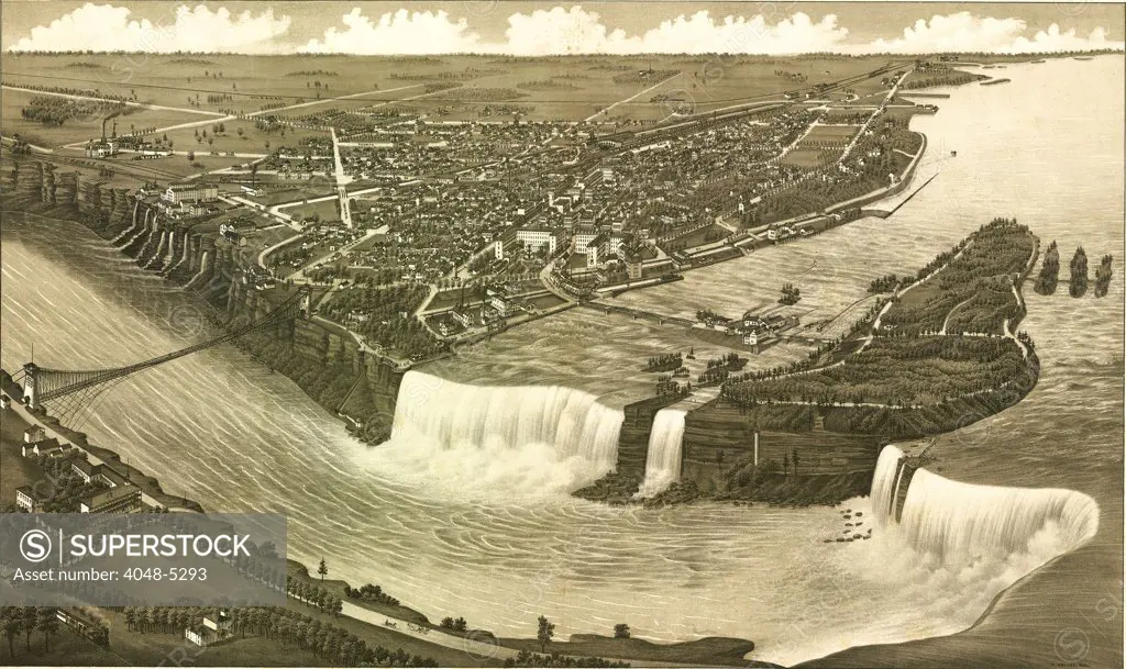 Niagara Falls, with factories using the River's hydroelectric potential, and river water flowing from manmade channels in the Niagara Gorge walls. 1882