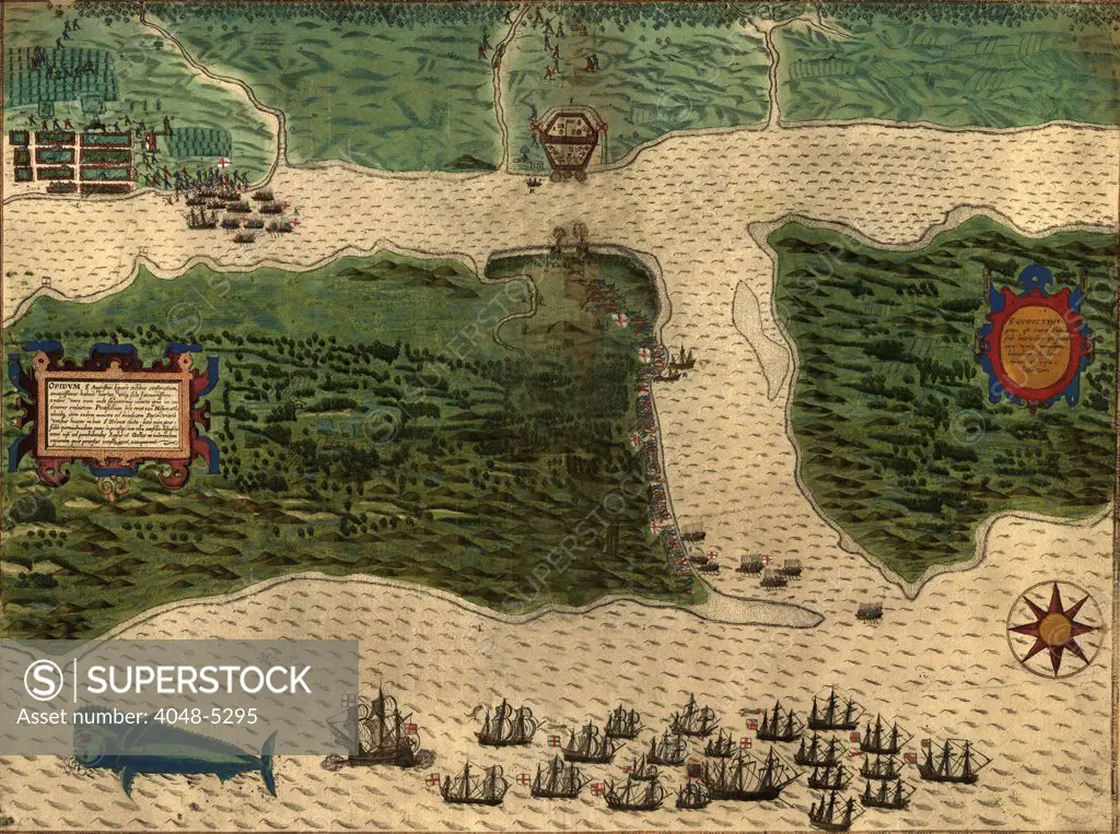 St. Augustine, Florida, showing Sir Francis Drakes ships attacking the Spanish fortifications.   This is the earliest image of St. Augustine, the oldest city of European foundation in the United States. 1586
