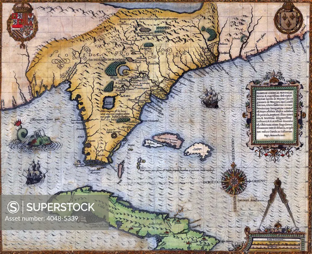 1591, exploration era map of Florida and Cuba by Frenchmen Jacque Le Moyne. The map includes many Native American and European place names, including Havana.