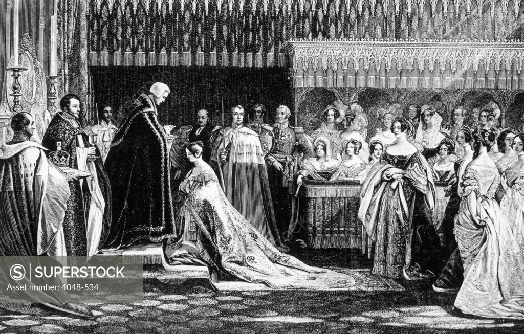 Queen Victoria (1819-1901) ruled Great Britain 1837-1901, Victoria (center, kneeling) receiving the sacrament at her coronation, image: 1837
