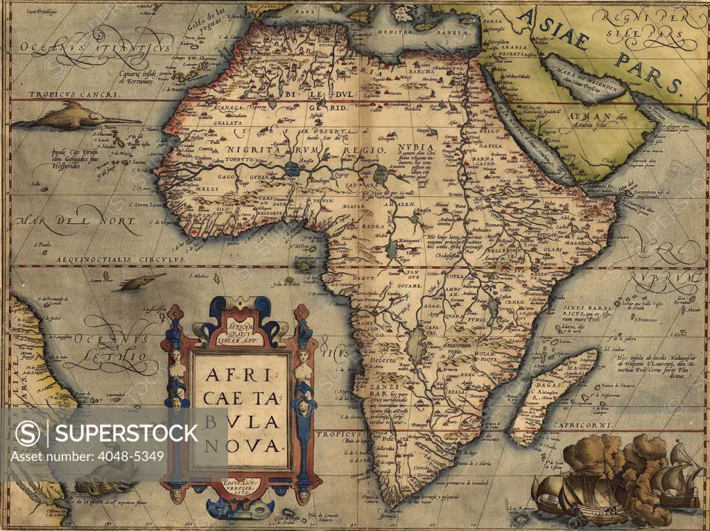 1570 map of Africa by Abraham Ortelius. Map shows place names,settlements,rivers, lakes mountains, coasts, and islands. South Atlantic Ocean and Eastern South America are shown.