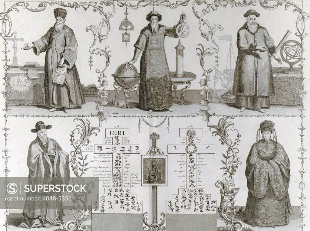 Matteo Ricci, a Jesuit missionary to China (top left) moved into Chinese society with restrait,learning the language and culture, dressing as a Chinese scholar, before he introduced Christianity to the Chinese.  Here he is depicted with fellow Jesuits.
