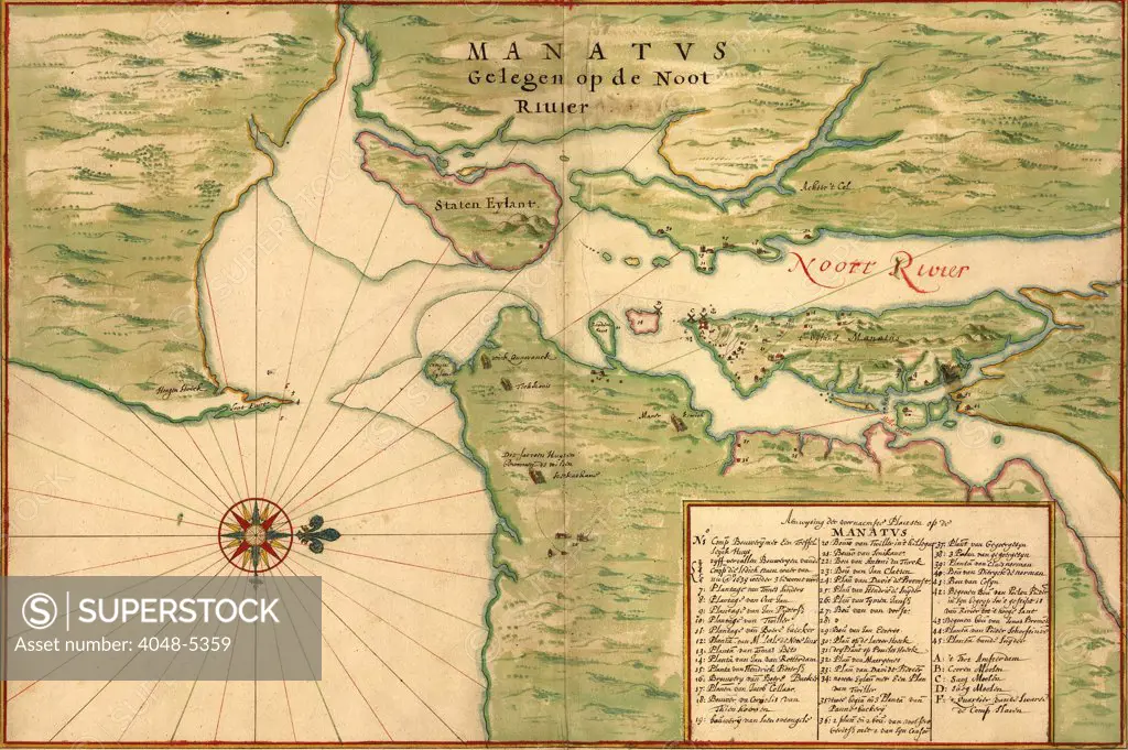 New Amsterdam in 1639. Earliest map shows Manhattan, Staten Island, Fort Amsterdam, Brooklyn, Bronx, plantations, windmills, Indian Villages.