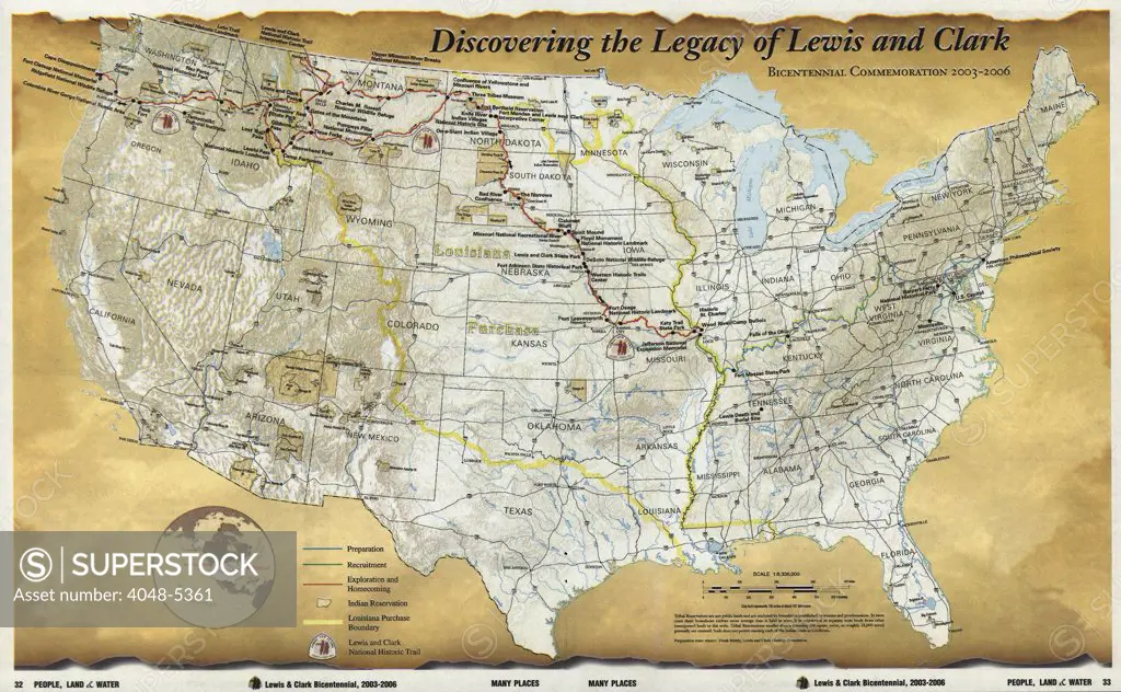 2003 map published for the bicentennial commemoration of the Lewis and Clark Expedition. Legend includes preparation, recruitment, exploration and homecoming, Indian reservations, Louisiana Purchase boundary, and Lewis and Clark National Historic Trail.