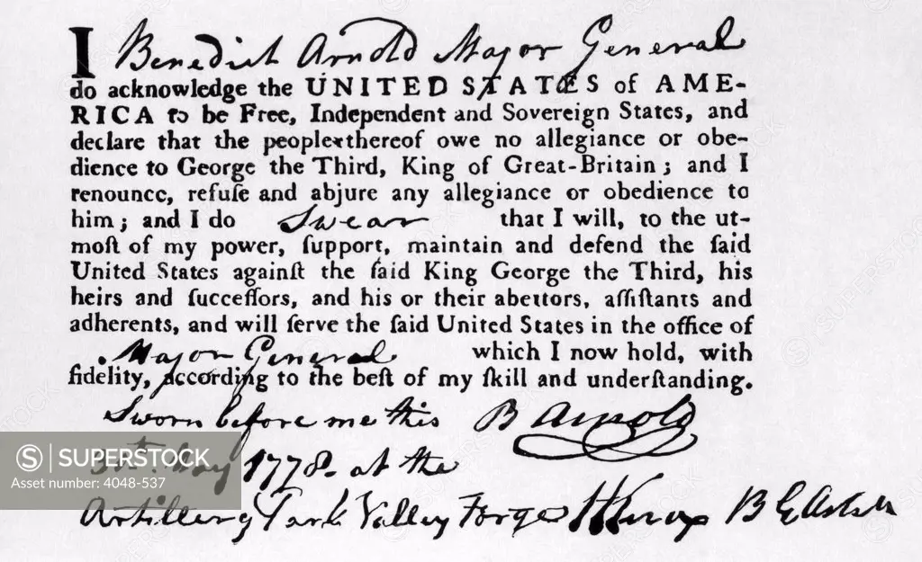 Benedict Arnold's oath of allegiance to the United States, 1778
