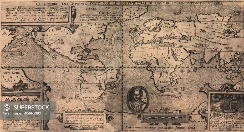 1581 map by Nicola van Sype, showing the Drake circumnavigation (1577-80) as a dotted line.  Map bears the  legend 'Carte veuee et corige par le dict sieur Drack' ('A map seen and corrected by the aforesaid Sir Drake').This is  the earliest of the maps which show Drake's route round the world.