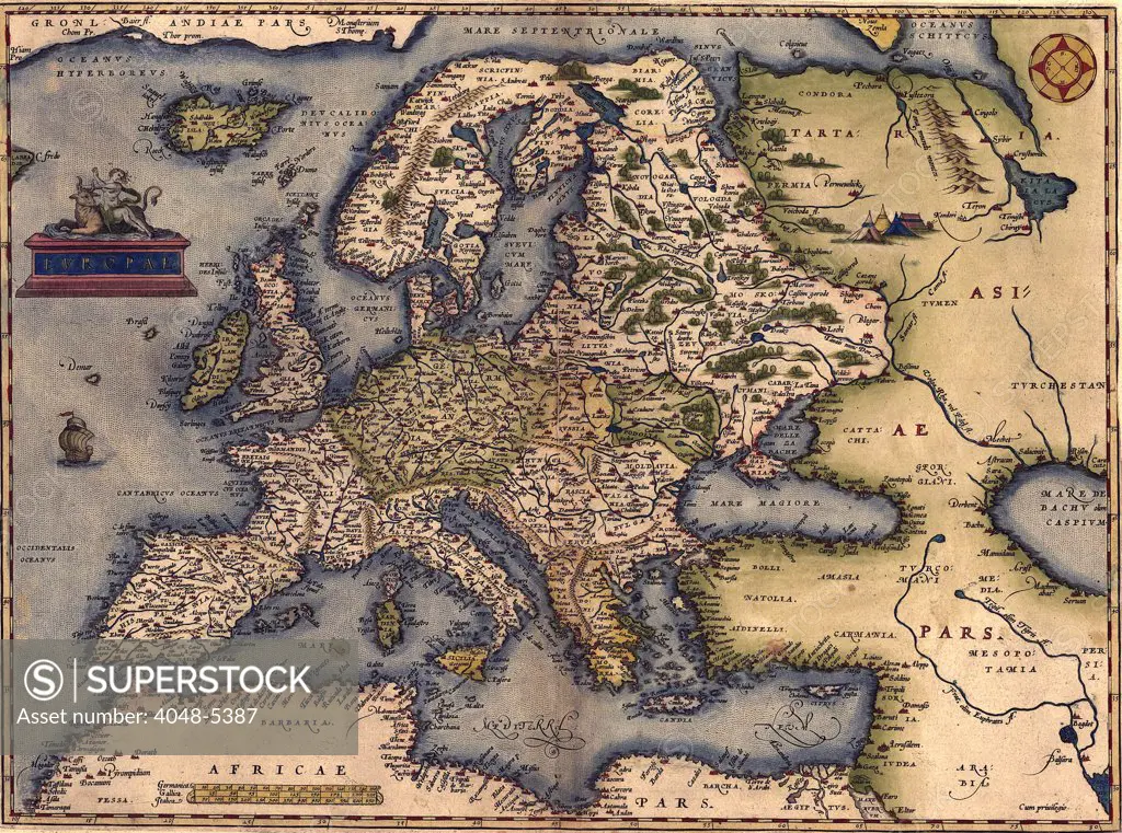 1570 map of Europe.   From Abraham Ortelius' atlas, 'Theatrvm orbis terrarvm.'