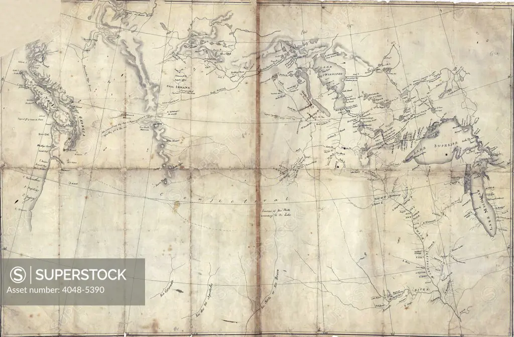 1803 Lewis and Clark map, with annotations in brown ink by Meriwether Lewis, tracing the Mississippi and Missouri Rivers, Lakes Michigan, Superior, and Winnipeg, and the country onwards to the Pacific. Manuscript map by Nicholas King, ca. 1803