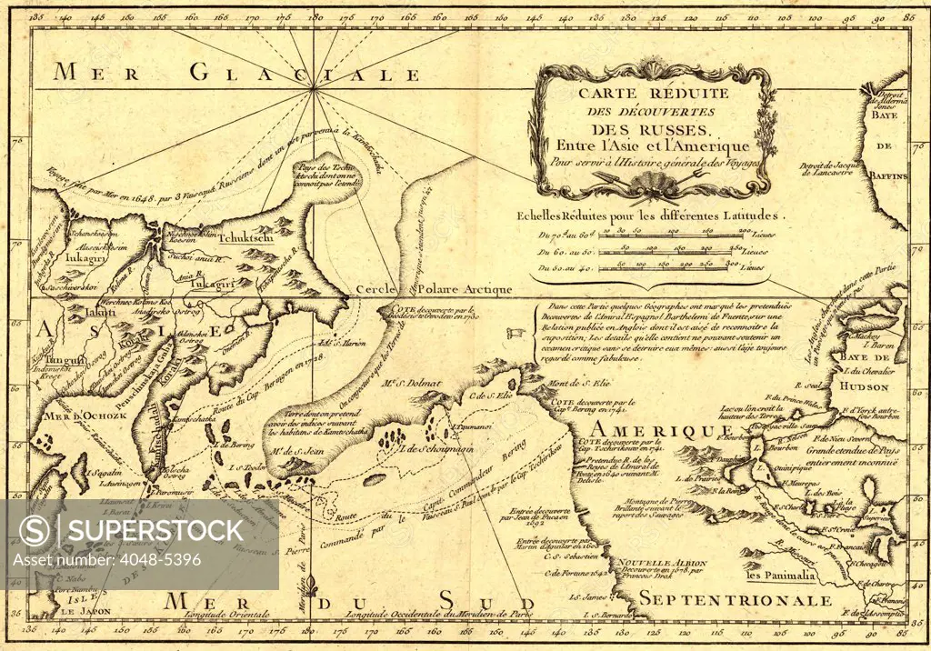 1747 map showing Alaska as a Russian territory.  Russian 18th century eastward expansion extended beyond Siberia to North America.