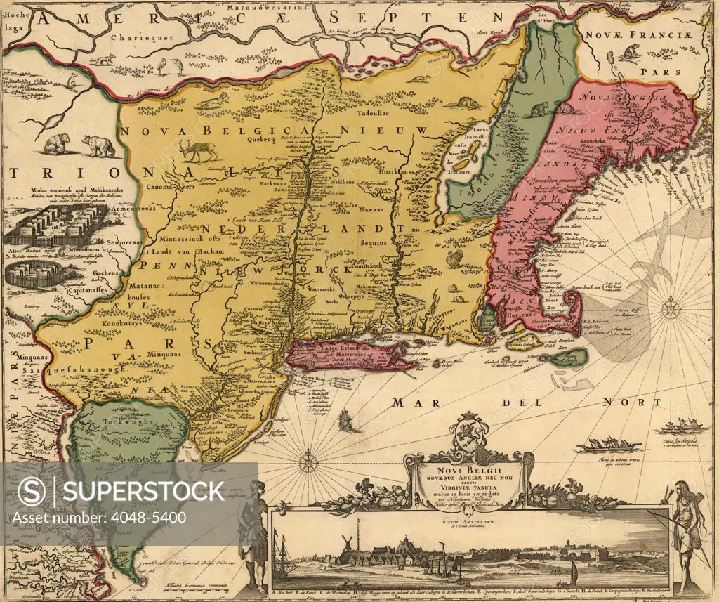 17th century map of land that became New England, New Jersey, and New York.  Map includes a view of New Amsterdam, later New York City, in 1685, when it was under Dutch control. On left is an Iroquois settlement with longhouses.