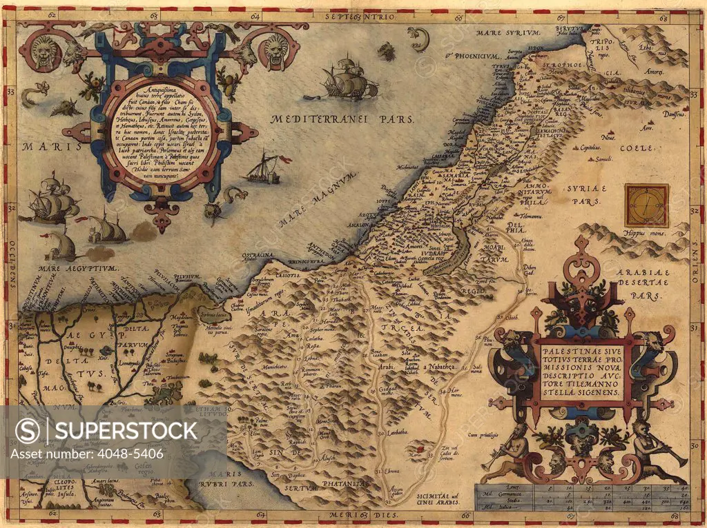 1570 map of Palestine, from Abraham Ortelius' atlas, 'Theatrvm orbis terrarvm'(Epitome of the Theater of the Worlde).