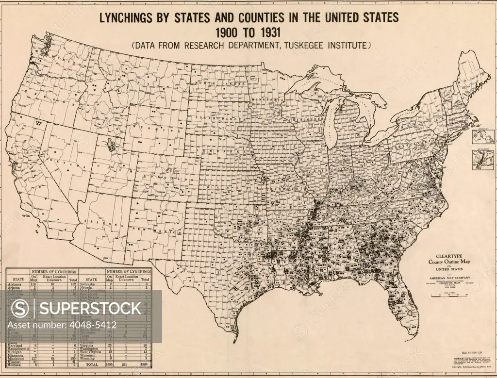 1931 map, based on statistical research of Tuskegee Institute, shows lynchings by states and counties in the United States, 1900-1931.