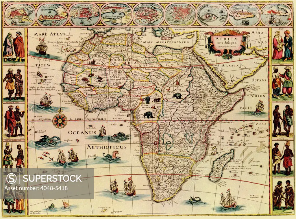 Map of Africa from 1660s. Top border depicts African cities, and side borders show men and women of African peoples.