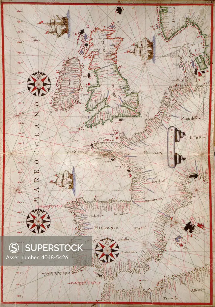 1590 nautical map of wesern Europe, detailing coast of Spain, Portugal,France,Britain,Flanders,and Scandinavia.