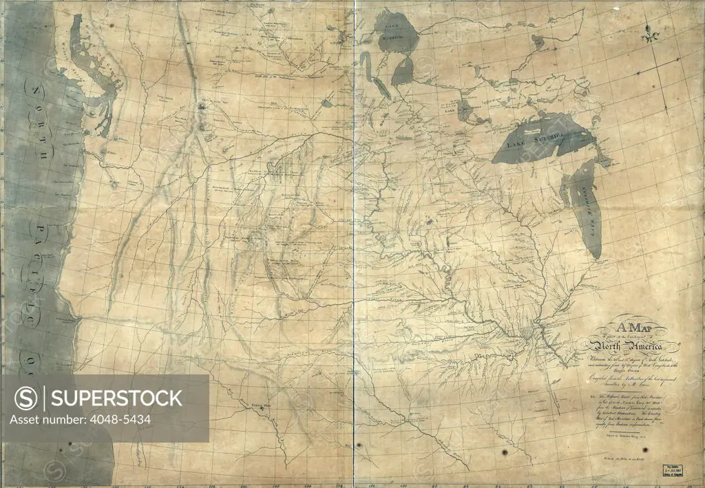 1805 Lewis and Clark map of part of the continent of North America compiled from informed travelers. Map covers western North America, from Great Lakes to the Pacific Ocean, including southern Canada and northern Mexico. Copied by Nicholas King from a sketch by William Clark, 1805