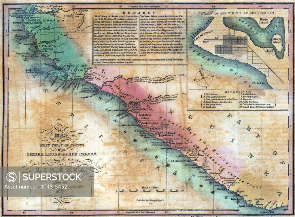 Map of the West Coast of Africa from Sierra Leone to Cape Palmas, including the colony of Liberia.  In 1821, the American Colonization Society established Liberia as a homeland for freed African-American slaves. In 1847, the Americo-Liberian settlers declared the Republic of Liberia.