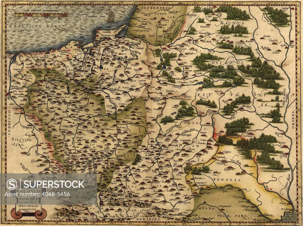 1570 map of  Poland. Poland's political boundaries have changed dramatically over time.  This map shows a small, landlocked Poland. From Abraham Ortelius' altas, 'Theatrvm orbis terrarvm.'
