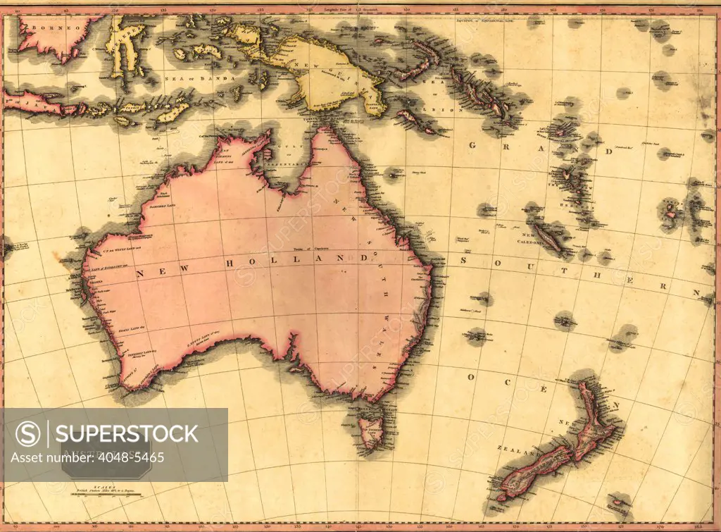 1818 map of Australia, still using the name of 'New Holland' in spite of active British colonization since 1788.  There are no geographic details of the interior wilderness. In the 21st century, most Australians live on the coasts.