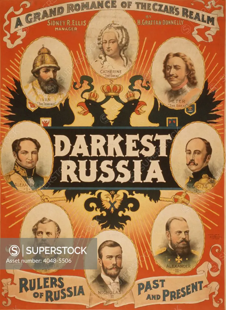 American theatrical poster with portraits of Russian royal rulers: Ivan the Terrible, Peter the Great, Catherine the Great, and the five last Czars.