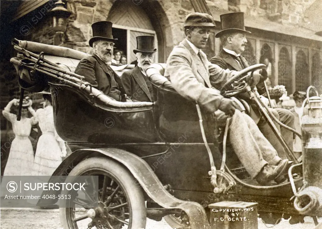 Russian politician Serge Witte (1849-1915) and Baron de Rosen (1847-1921) in an automobile during the 1905 Peace talks in Portsmouth New Hampshire that ended the Russo-Japanese War. Witte was Minister of Finance during the reigns of Czars Alexander III and Nicolas II.