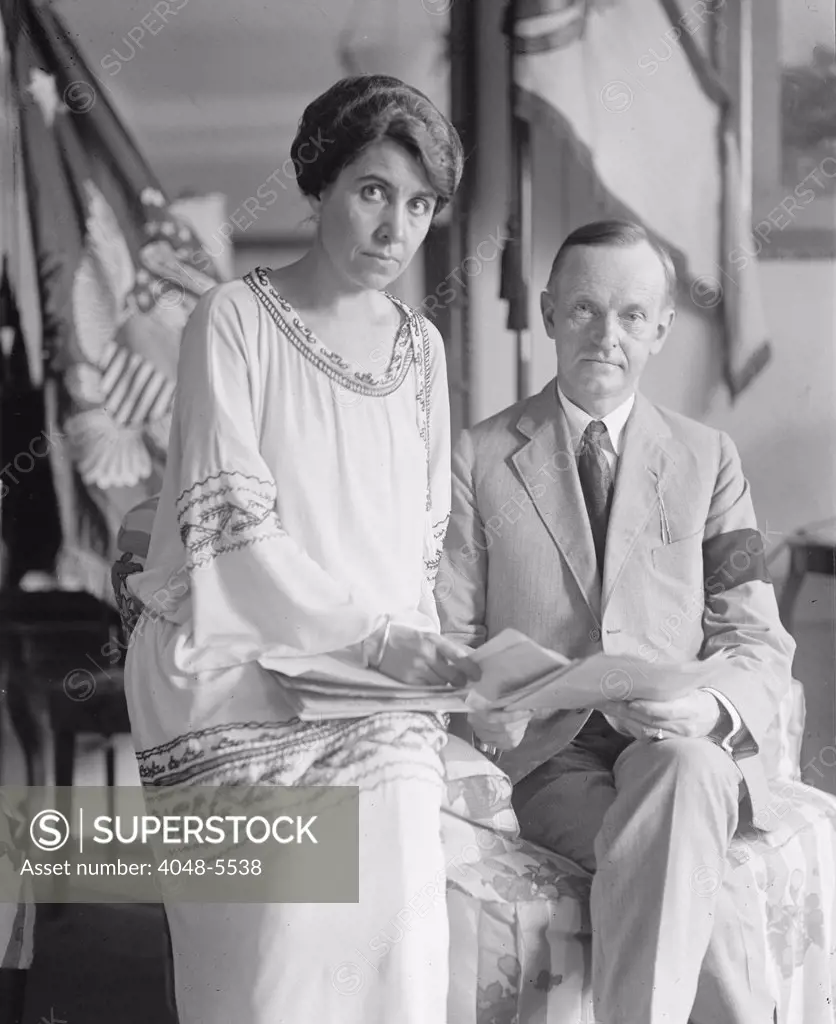 President Calvin Coolidge (1872-33), wearing a black mourning armband, and his wife two days after the sudden death of President Warren Harding on Aug. 2, 1923.