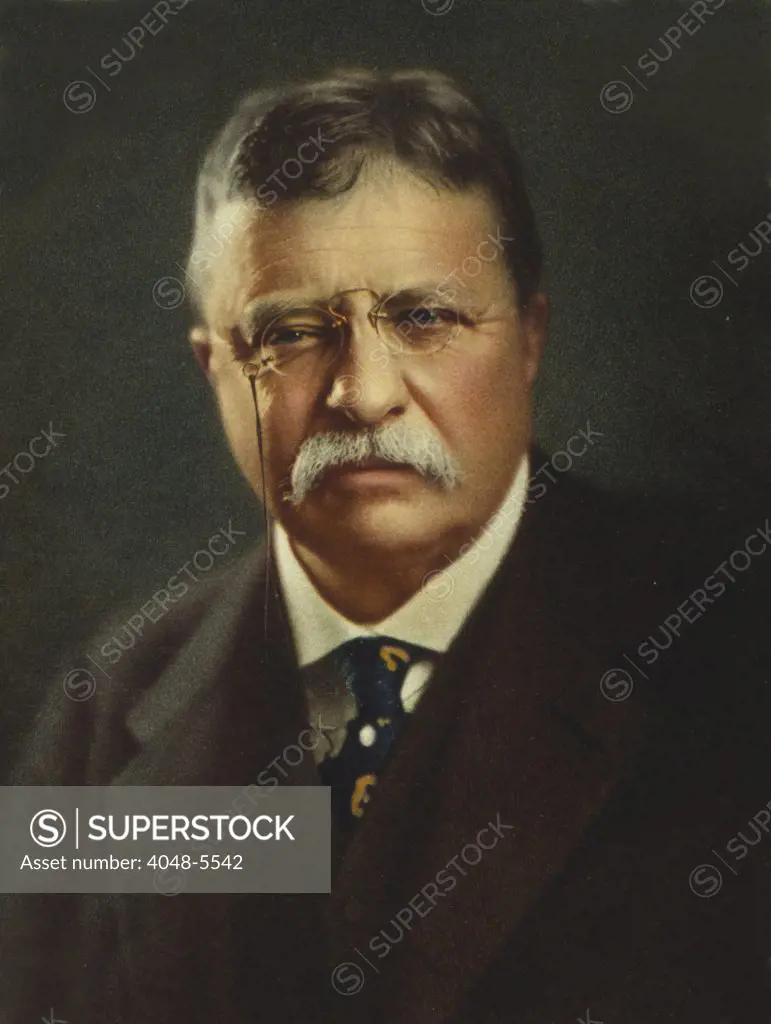 Commemorative portrait of President Theodore Roosevelt, published after his death in 1919. Title reads, Theodore Roosevelt, Secretary of Navy, Rough Rider, governor and president, 1858-1919
