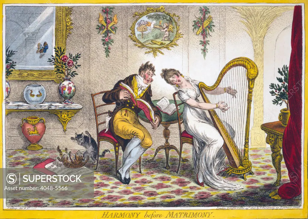 Harmony before Matrimony. A young woman and a fashionably dressed young man singing a duet. The woman plays a harp while looking over her shoulder at the music book, 'Duets de L'Amour', which the man holds. Engraving by Gillray 1805.