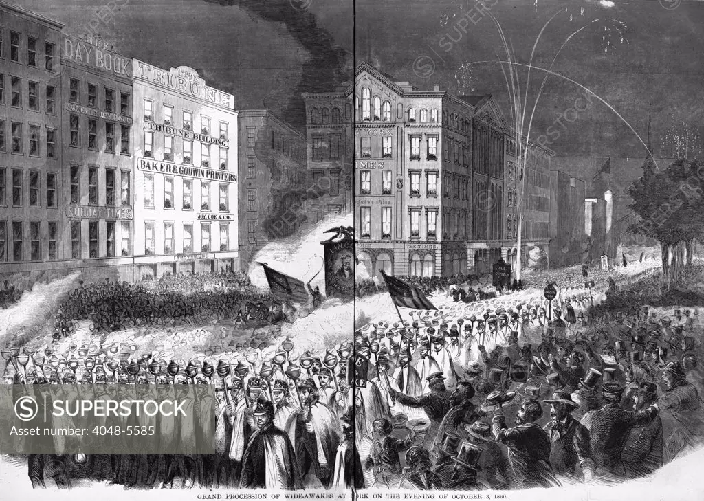 The Civil War, Republican Party rally and parade at Printing-House Square, New York City, October 3, 1860