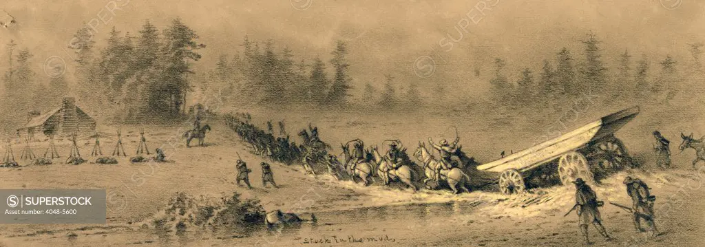The Civil War. Stuck in the mud;a pontoon wagon with boat is stuck in the mud while infantry try to pull the team to dry ground.  Drawing by Edwin Forbes, 1861-1865.