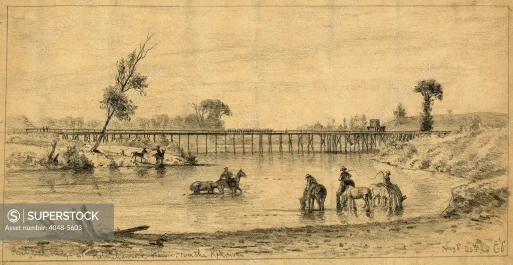 The Civil War. Soldiers on horseback crossing a river near the Orange and Alexandria railroad bridge. Drawing by Edwin Forbes. August 1863.