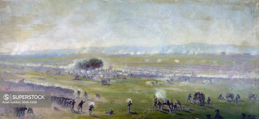 The Civil War. The battle of Gettysburg, Picketts charge. Oil painting by Edwin Forbes.  1870-1890.